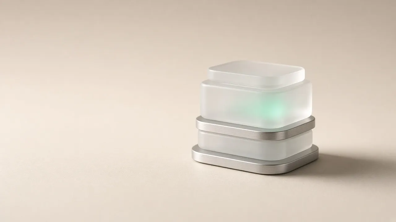 Stacked frosted glass and brushed aluminium layers on warm paper — layered, engineered software