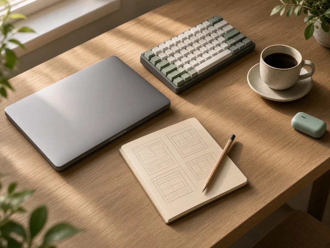 A tidy studio desk with laptop, keyboard and a notebook of wireframes
